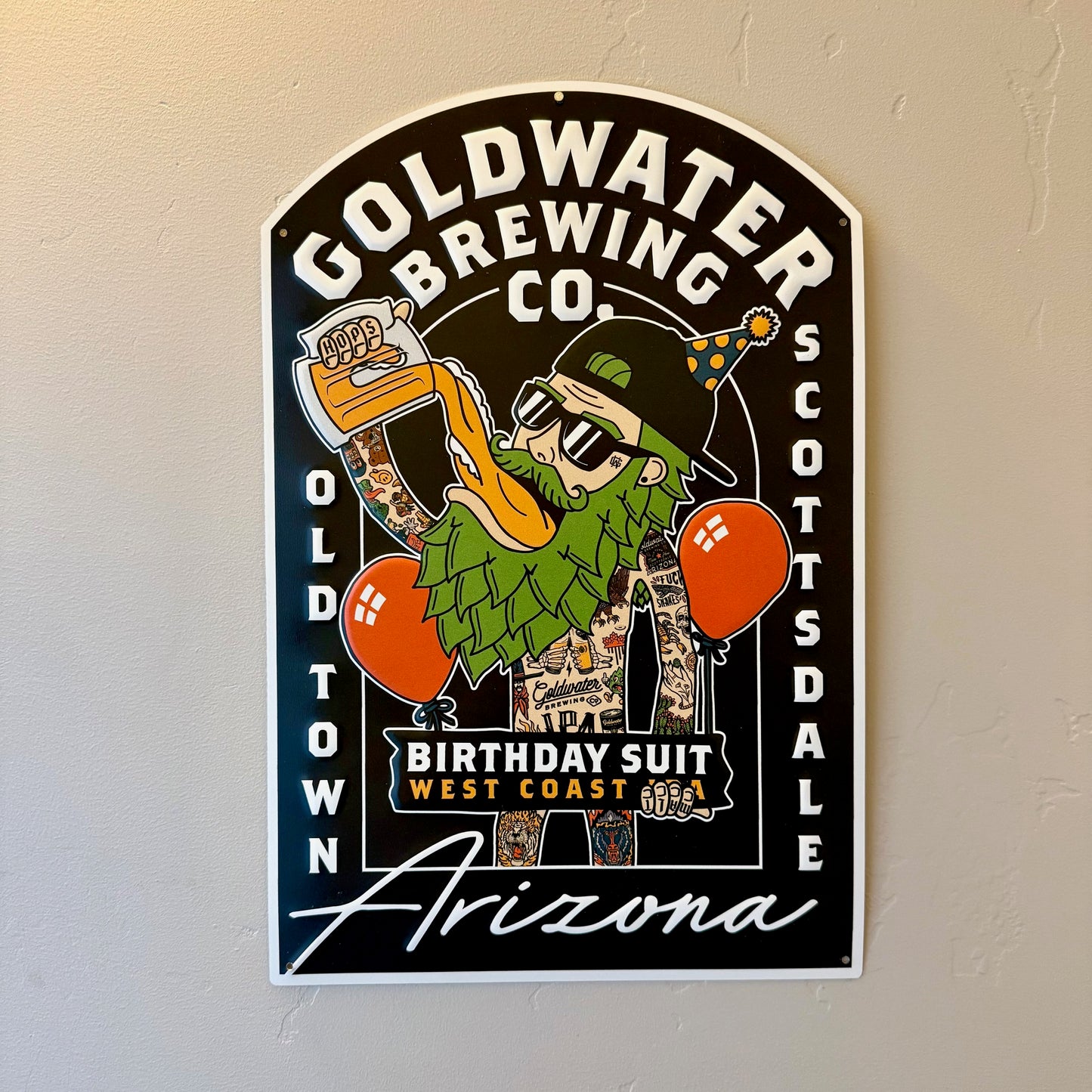 Goldwater Brewing Co Birthday Suit Tin Tacker Collectible Metal Beer Sign