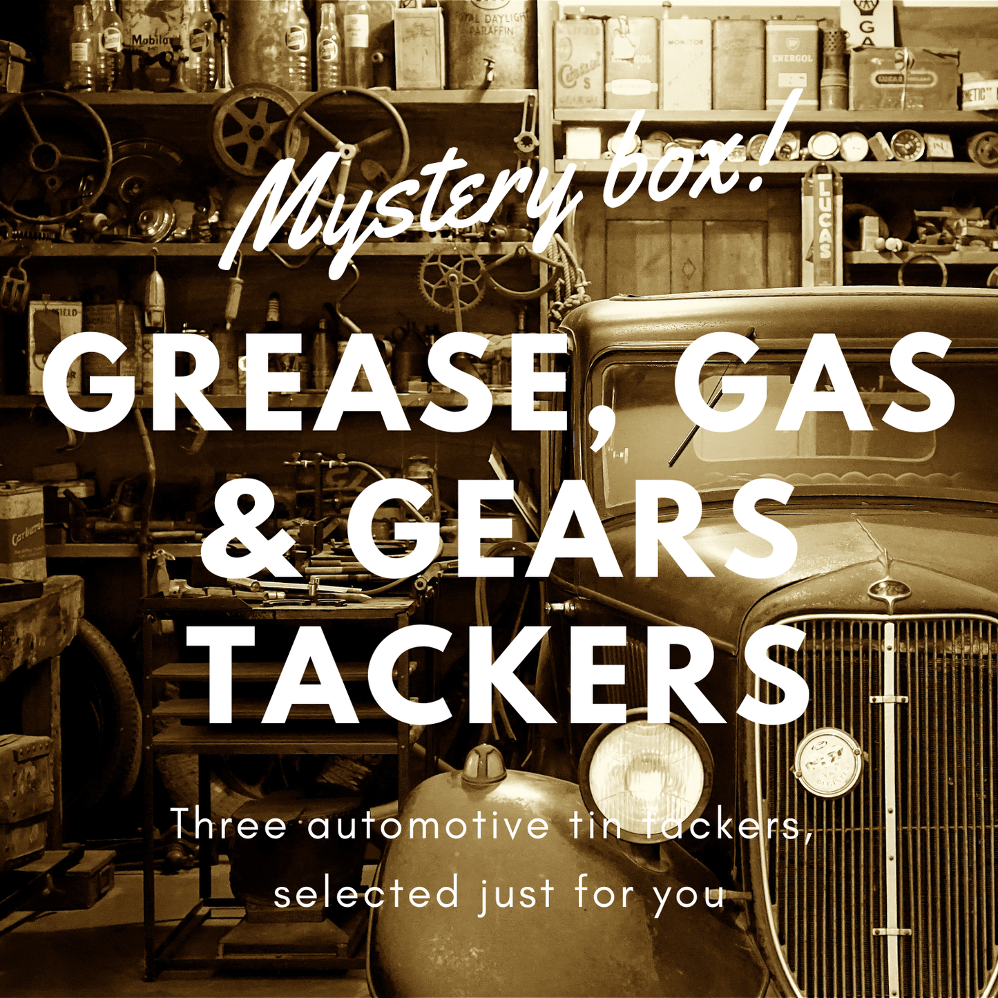 Grease, Gas & Gears Tin Tacker Mystery Box: Set of 3 Collectible Automotive Tin Tackers