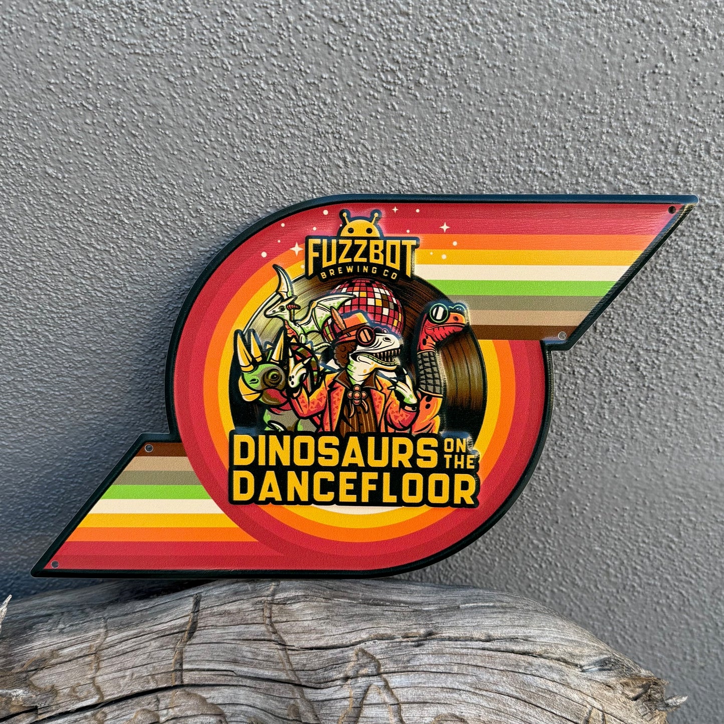 Fuzzbot Brewing Co Dinosaurs on the Dancefloor Tin Tacker Metal Beer Sign
