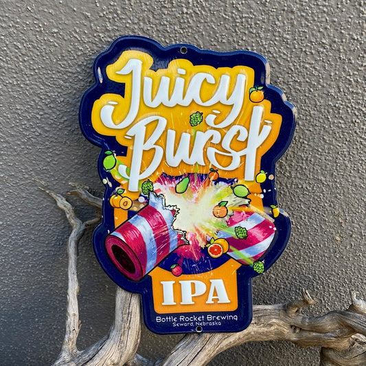 Juicy Burst Mini Tacker from Bottle Rocket Brewing Co Collectible Beer Sign Tin Tacker