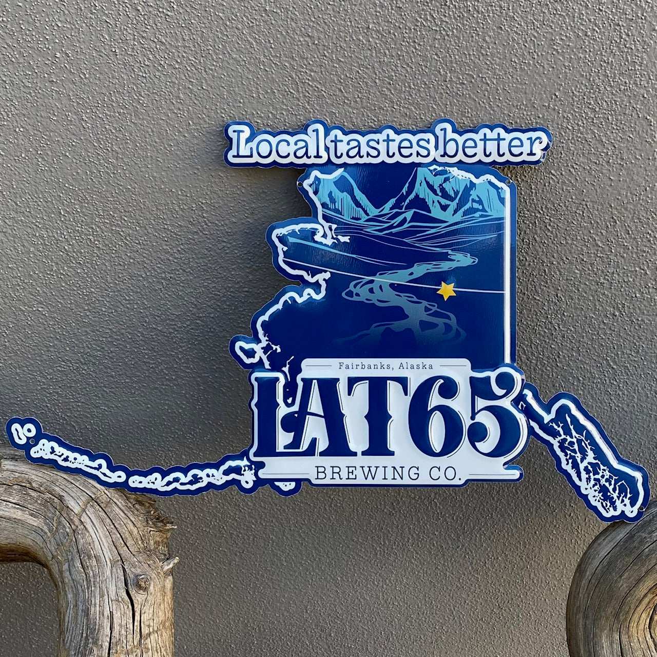 Lat 65 Brewing Co Alaska-Shaped Tin Tacker Metal Beer Sign
