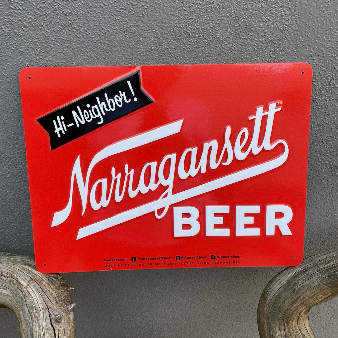 Narragansett Hi-Neighbor! Beer Tin Tacker Metal Beer Sign