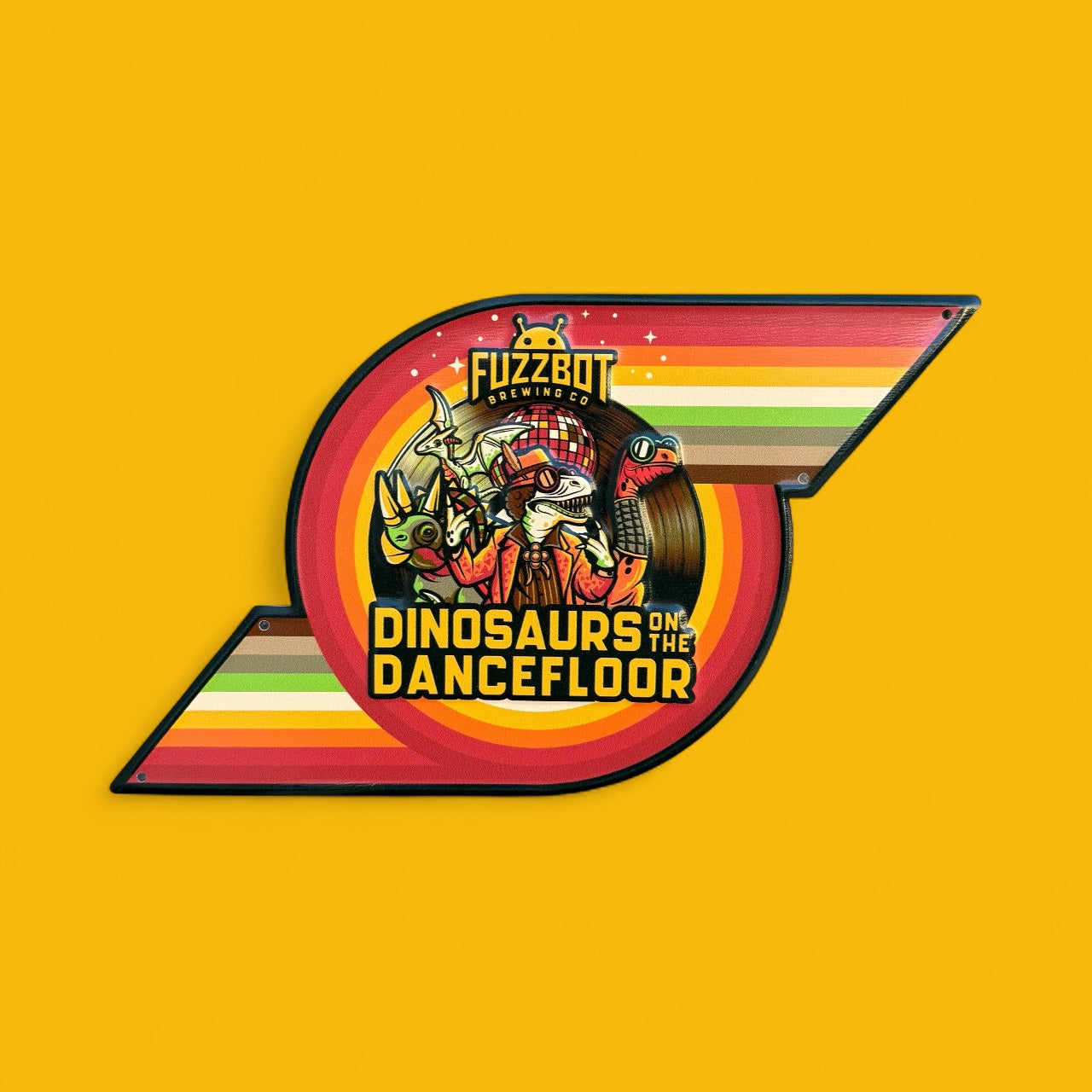 Fuzzbot Brewing Co Dinosaurs on the Dancefloor Tin Tacker Metal Beer Sign