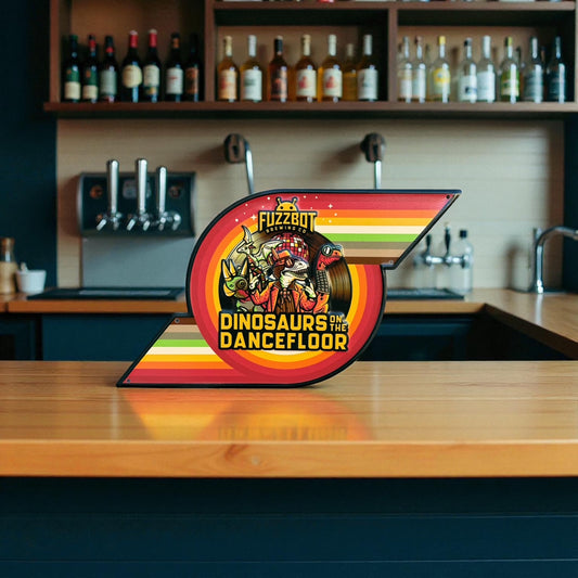 Fuzzbot Brewing Co Dinosaurs on the Dancefloor Tin Tacker Metal Beer Sign