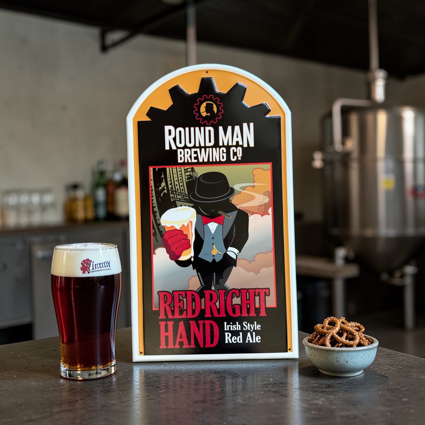 Round Man Brewing Co Red Right Hand Collectible Tin Tacker Metal Beer Sign
