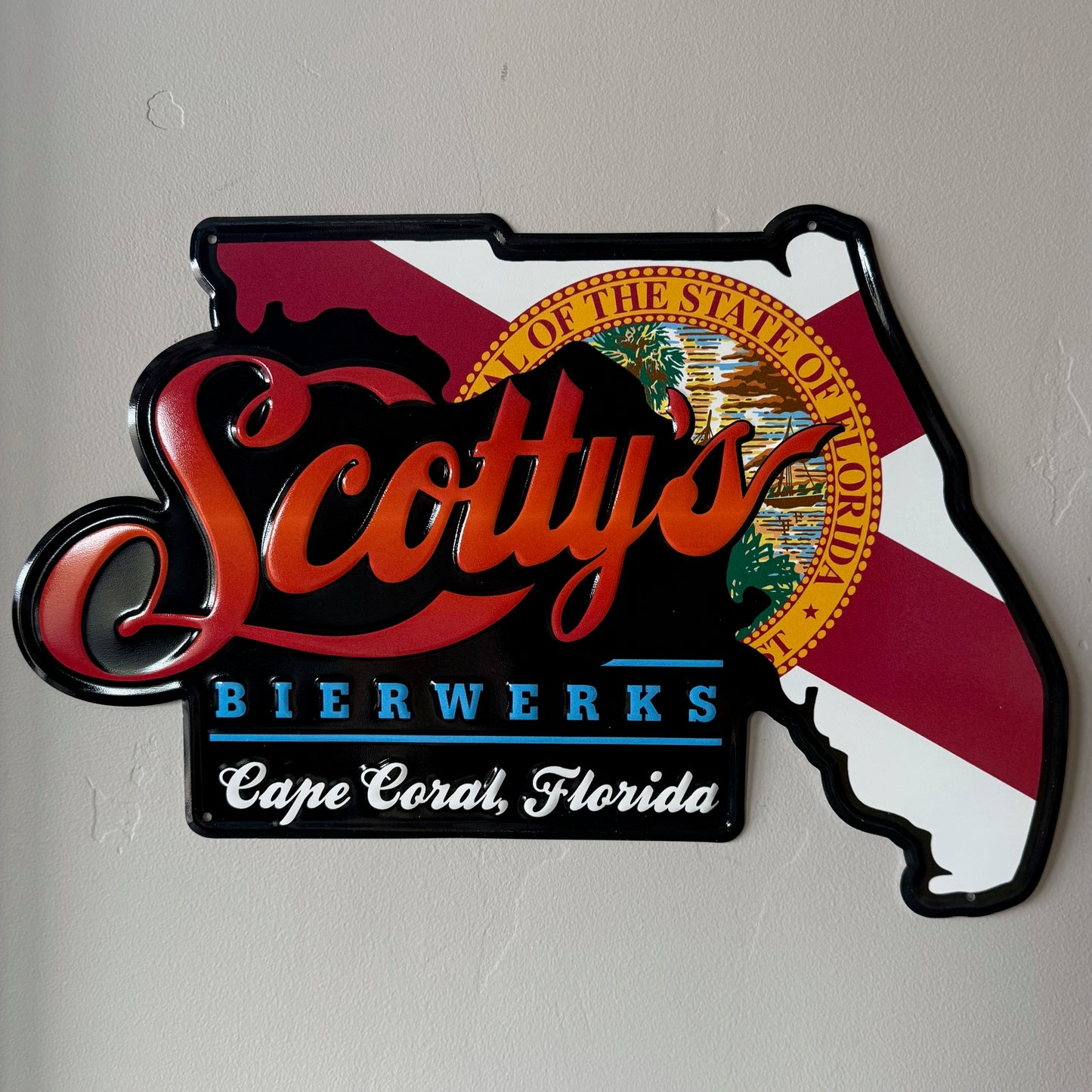 Scotty's Bierwerks Cape Coral Florida Tin Tacker Metal Beer Sign Souvenir