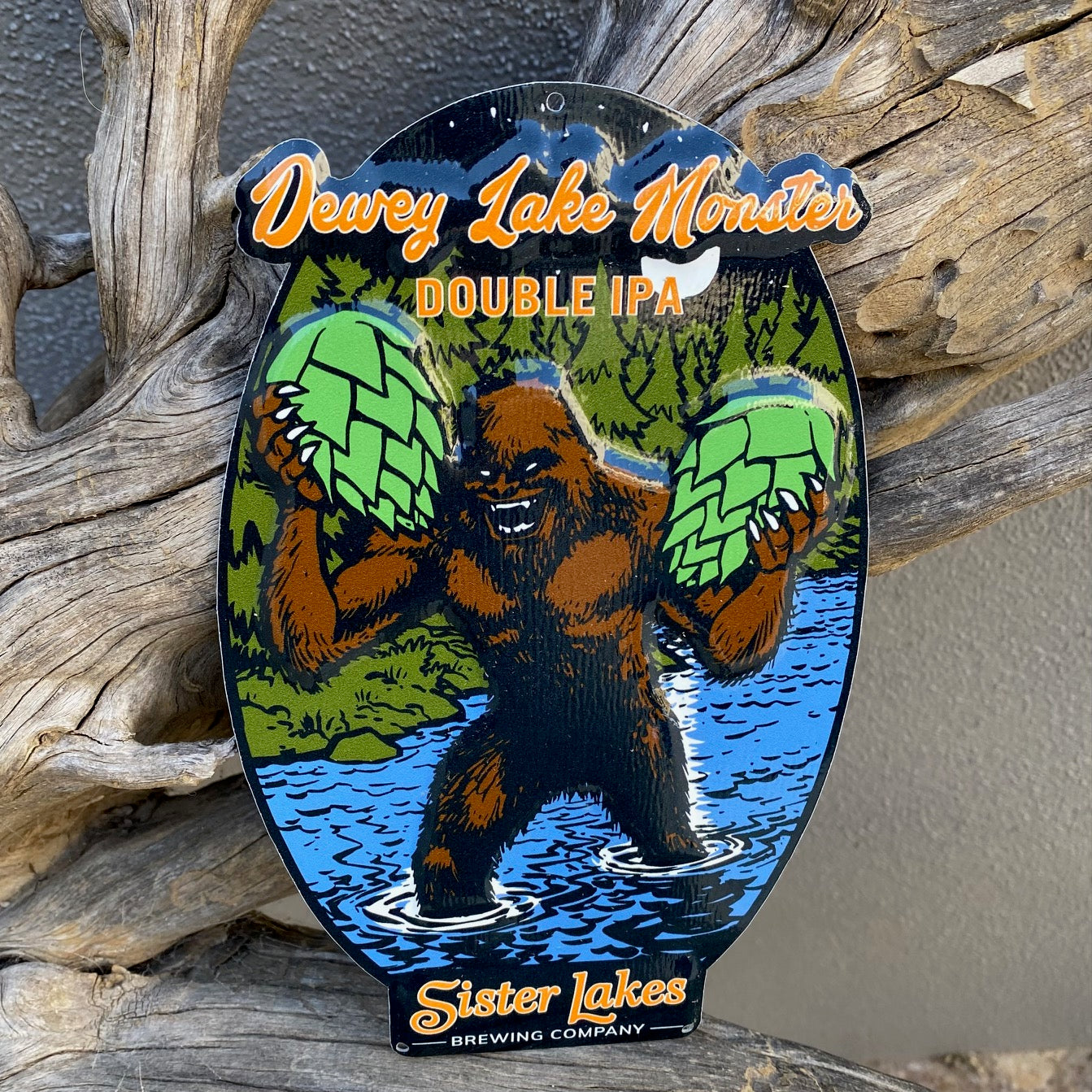 Sister Lakes Brewing Co "Dewey Lake Monster" Mini Tacker Collectible Beer Sign Tin Tacker