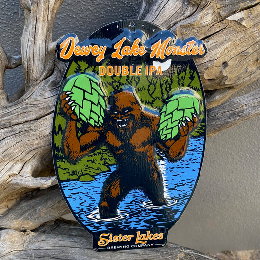 Sister Lakes Brewing Co "Dewey Lake Monster" Mini Tacker Collectible Beer Sign Tin Tacker