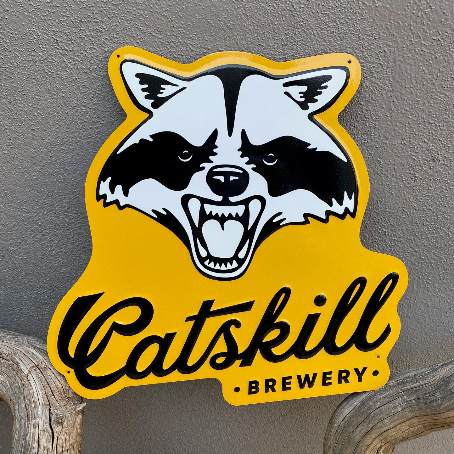 Catskill Brewery Racoon Yellow Tin Tacker Collectible Metal Beer Sign