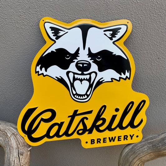 Catskill Brewery Racoon Yellow Tin Tacker Collectible Metal Beer Sign