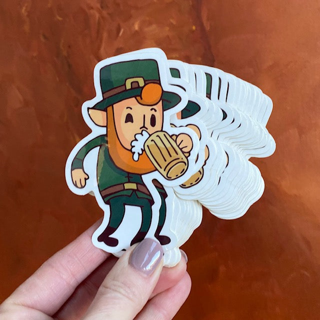Leprechaun Drinking Beer Die Cut Sticker