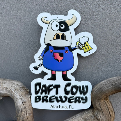 Daft Cow Brewery Cow in Overalls Tin Tacker Collectible Metal Beer Sign