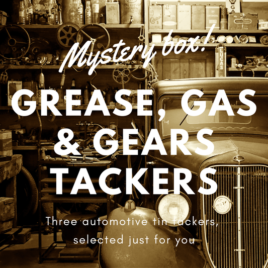 Grease, Gas & Gears Tin Tacker Mystery Box: Set of 3 Collectible Automotive Tin Tackers