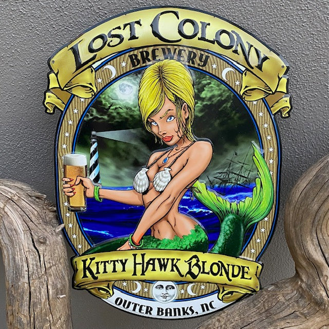 Kitty Hawk Blonde Tin Tacker Metal Beer Sign from Lost Colony Brewery in Outer Banks, North Carolnia