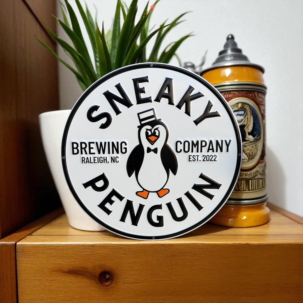 Sneaky Penguin Brewing Co Collectible Circle Tin Tacker Metal Beer Sign