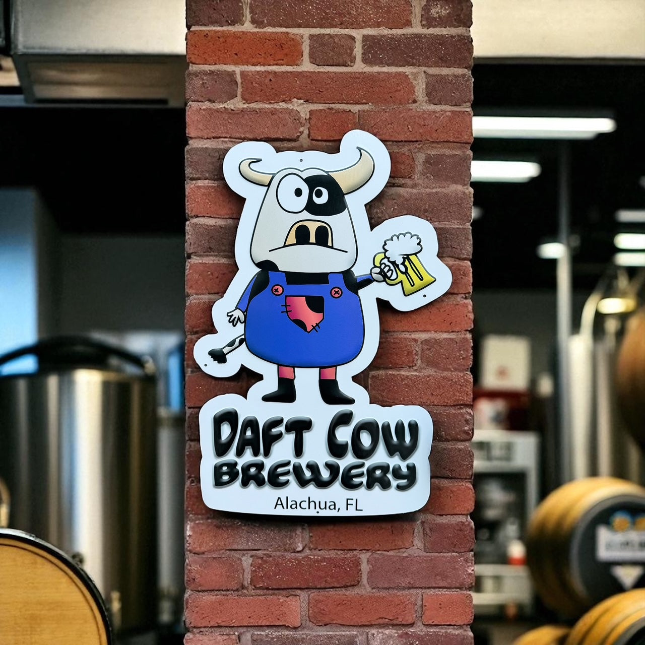 Daft Cow Brewery Cow in Overalls Tin Tacker Collectible Metal Beer Sign