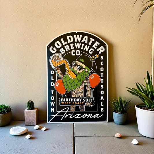 Goldwater Brewing Co Birthday Suit Tin Tacker Collectible Metal Beer Sign