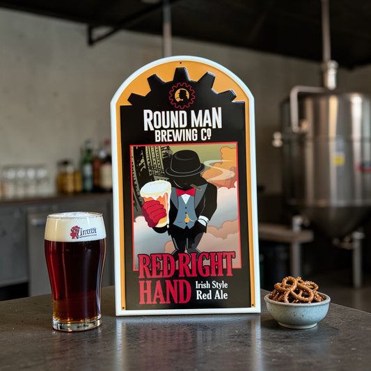 Round Man Brewing Co Red Right Hand Collectible Tin Tacker Metal Beer Sign