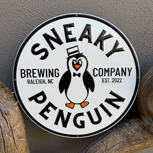 Sneaky Penguin Brewing Co Collectible Circle Tin Tacker Metal Beer Sign