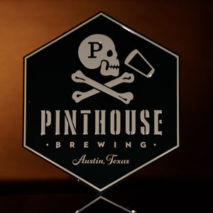 Pinthouse Brewing "Jolly Roger" Skull and Crossbones Tin Tacker Metal Beer Sign