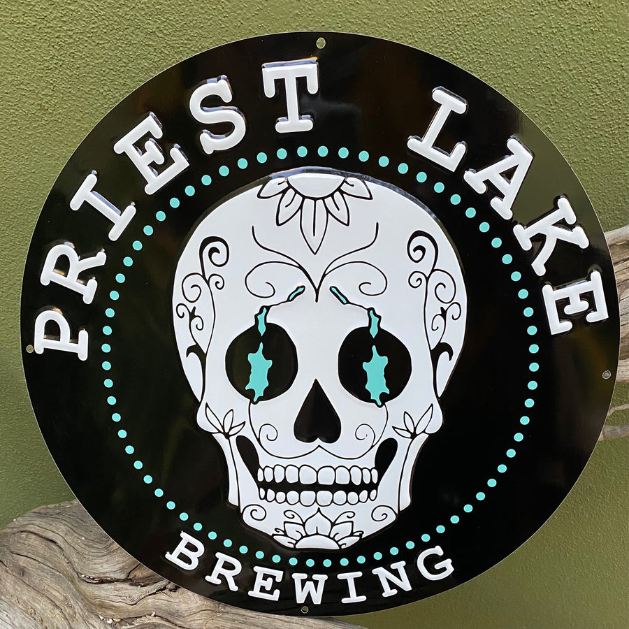 Priest Lake Brewing Co Sugar Skull Logo Tin Tacker Metal Beer Sign