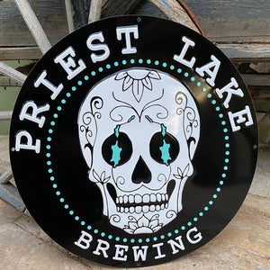 Priest Lake Brewing Co Sugar Skull Logo Tin Tacker Metal Beer Sign