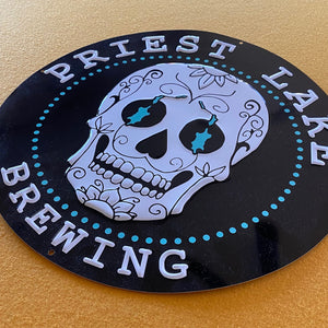 Priest Lake Brewing Co Sugar Skull Logo Tin Tacker Metal Beer Sign