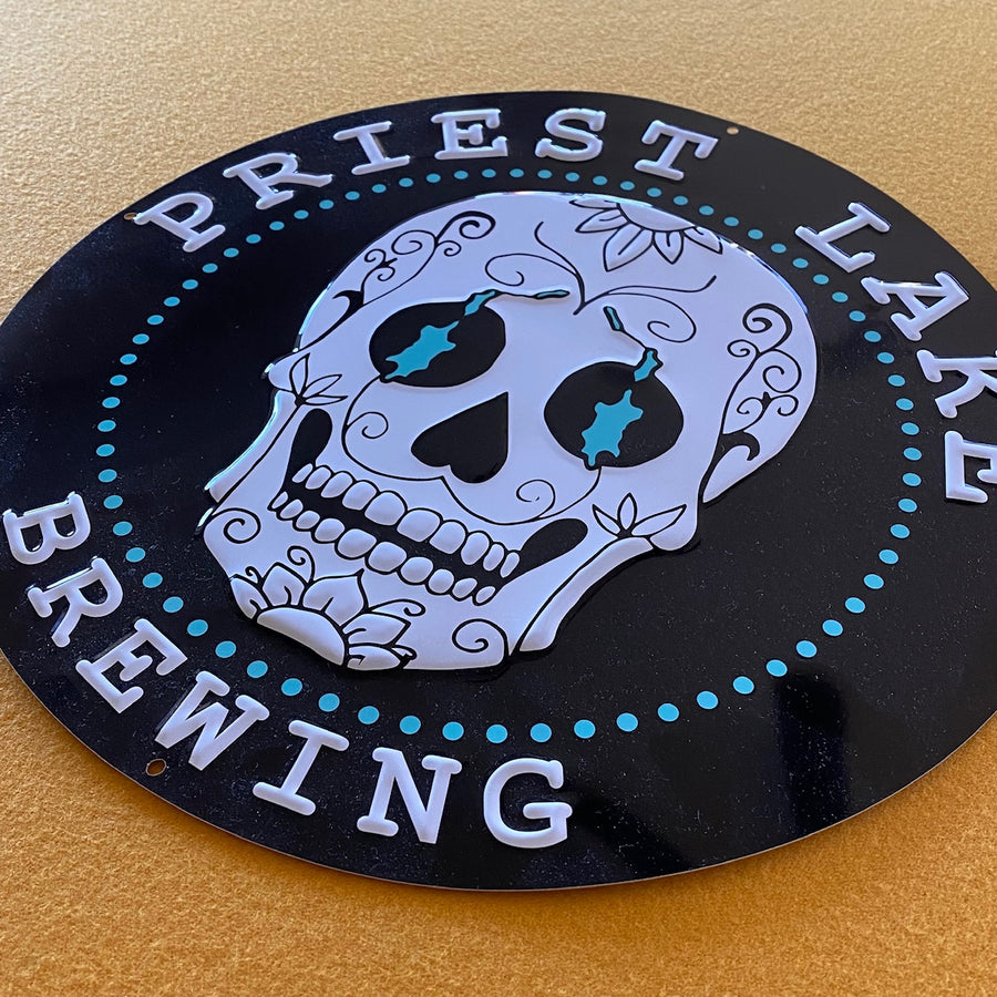 Priest Lake Brewing Co Sugar Skull Logo Tin Tacker Metal Beer Sign