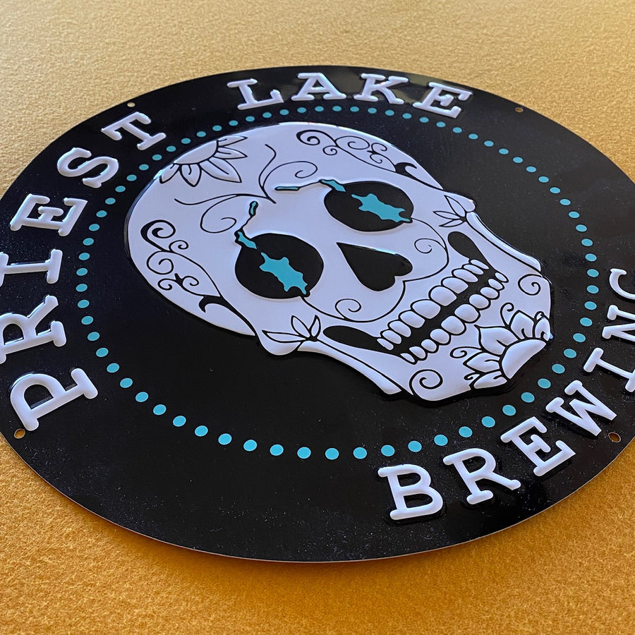 Priest Lake Brewing Co Sugar Skull Logo Tin Tacker Metal Beer Sign