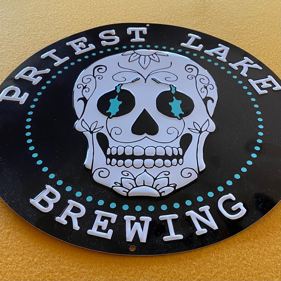 Priest Lake Brewing Co Sugar Skull Logo Tin Tacker Metal Beer Sign