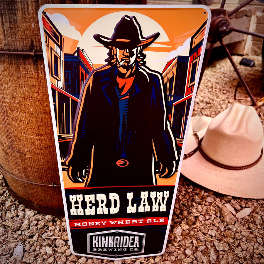 Kinkaider Brewing Co Herd Law Honey Wheat Ale Tin Tacker Metal Beer Sign