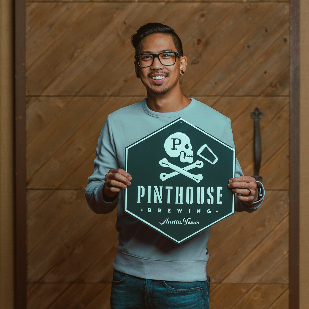 Pinthouse Brewing "Jolly Roger" Skull and Crossbones Tin Tacker Metal Beer Sign