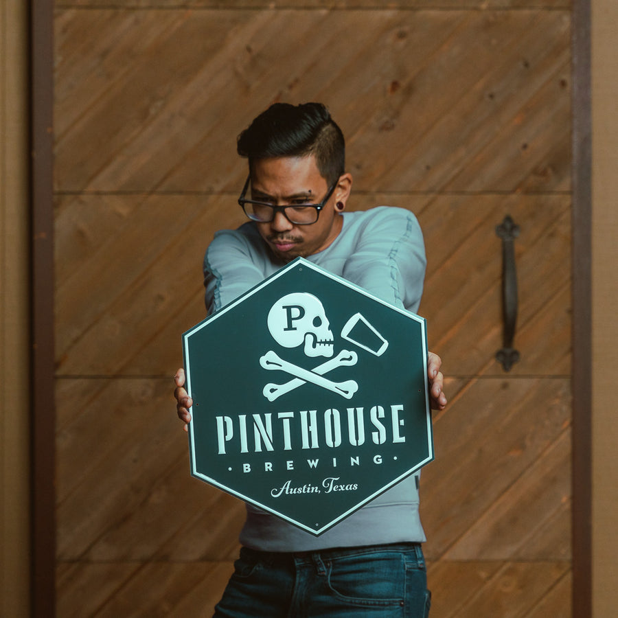 Pinthouse Brewing "Jolly Roger" Skull and Crossbones Tin Tacker Metal Beer Sign